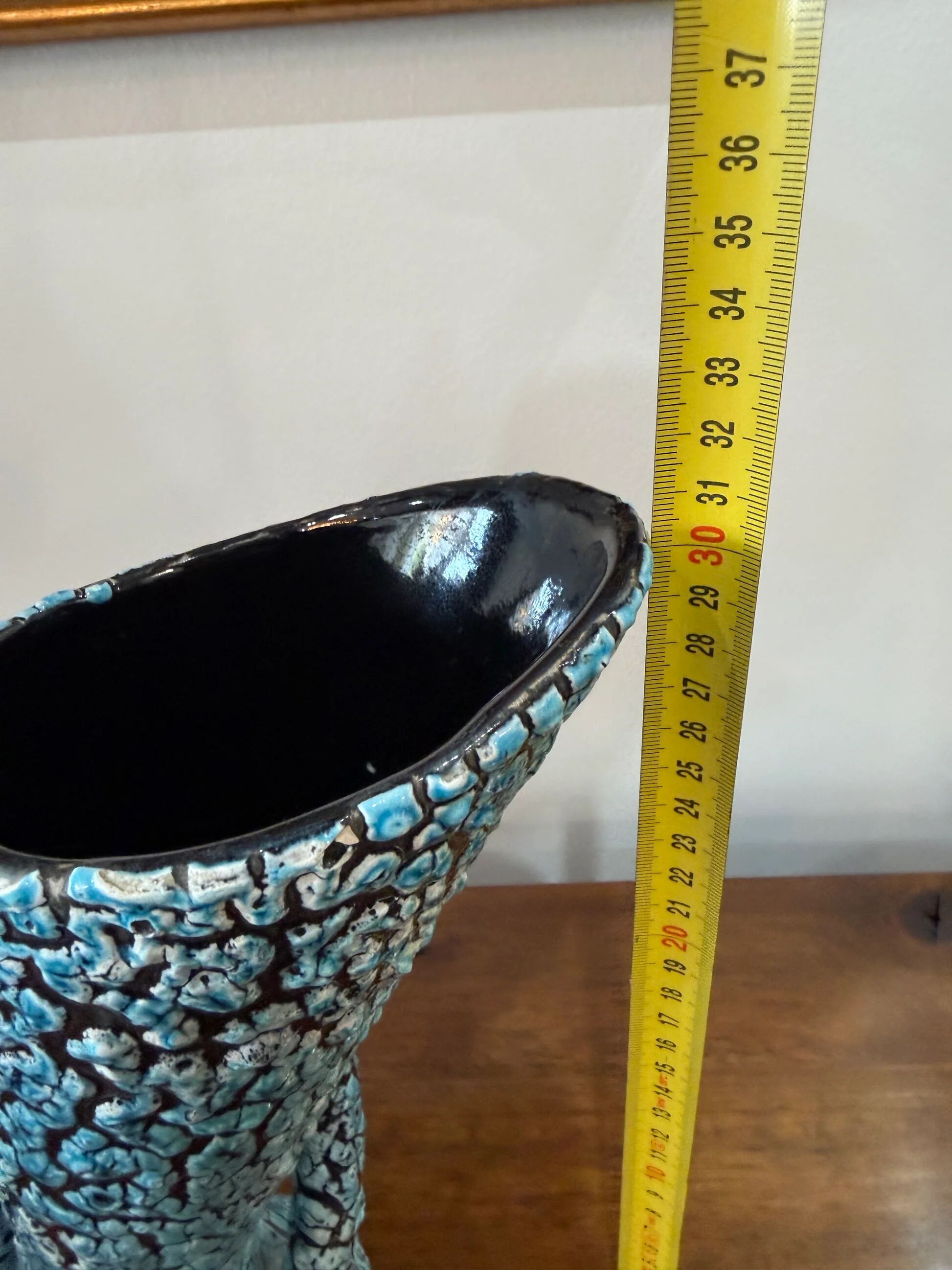 Large sculptural ceramic vase with textured turquoise blue and black glaze – Double horn – H. 31 cm