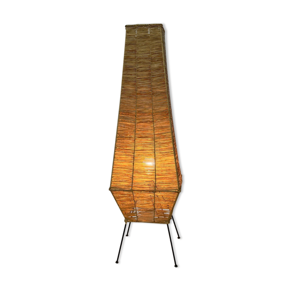 Lampe à poser en métal et Raphia design des années 50