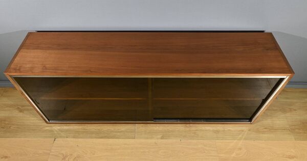 Longue Bibliothèque Vitrée en Noyer, style Rozaffy – 1960