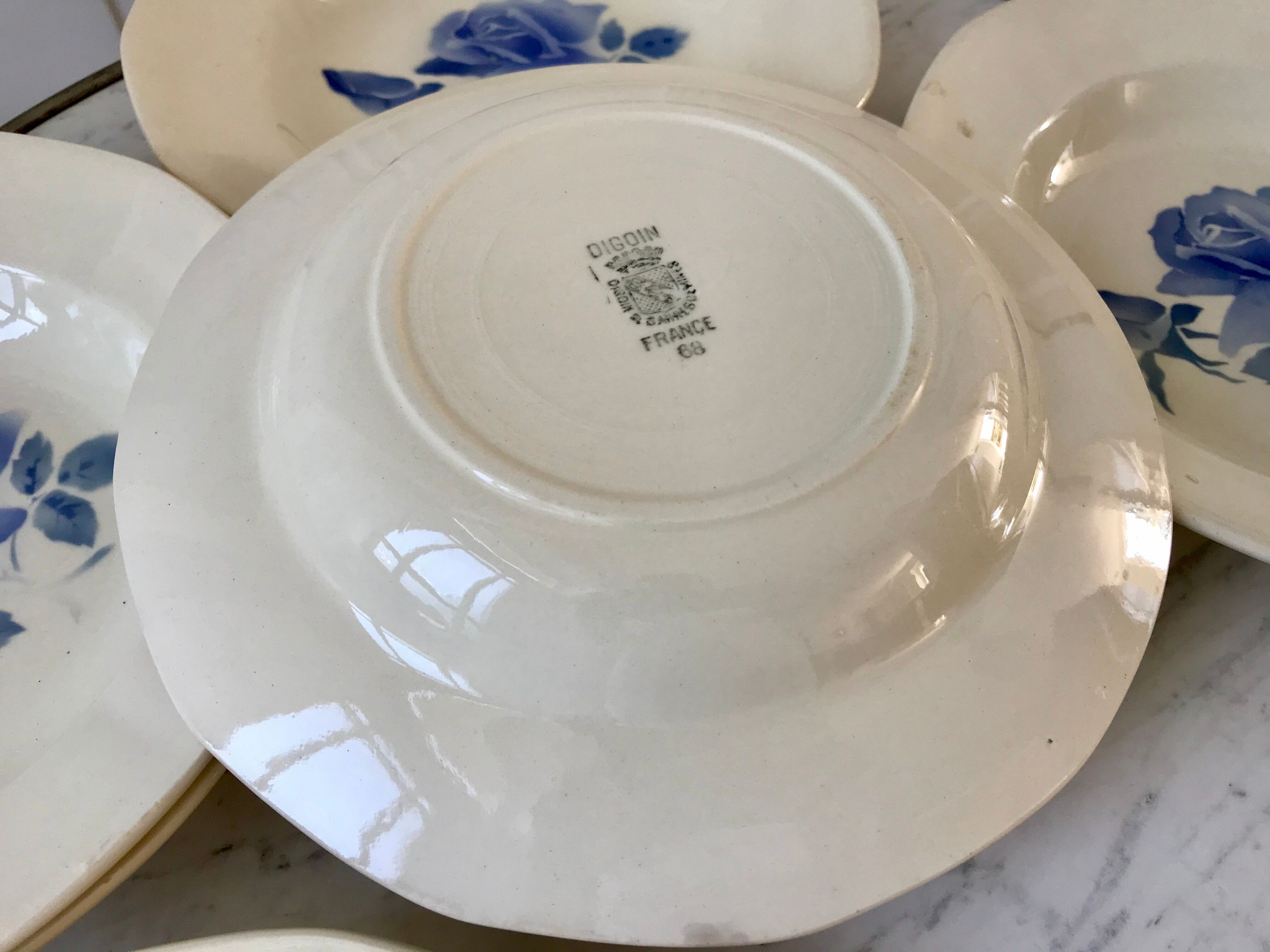 6 hollow plates Digoin Sarreguemines blue flowers 30s