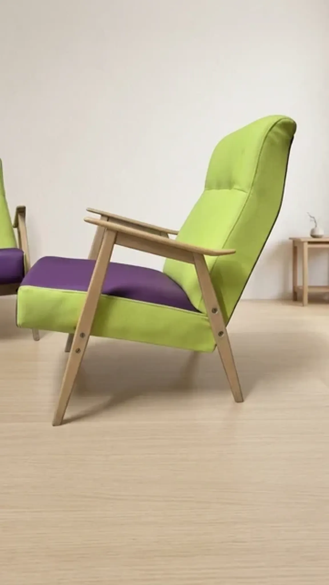 Pair of restored vintage armchairs, green and purple upholstery, mid-20th century, Czechoslovakia, 80 × 75 cm