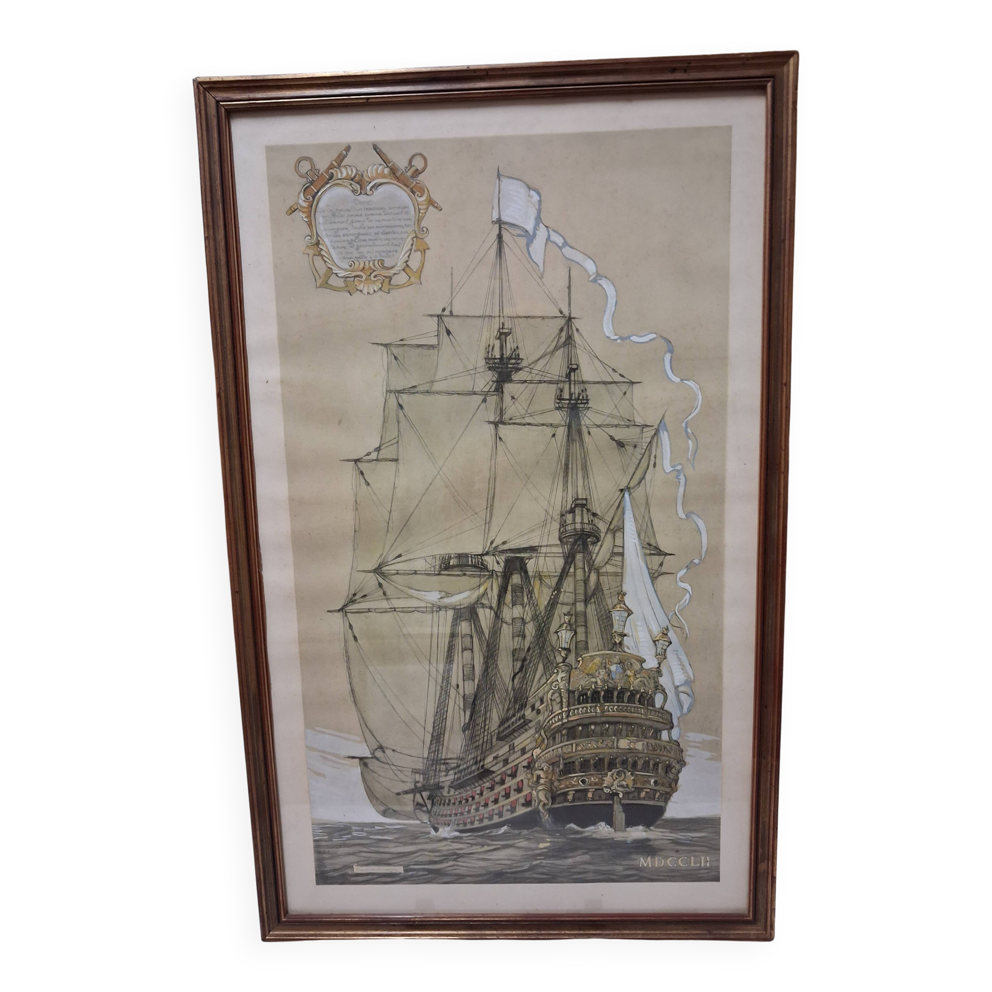 Drawing of an 18th-century ship, enhanced impression with gouache, Durand-Chapron.