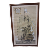 Drawing of an 18th-century ship, enhanced print with gouache, Durand-Chapron.