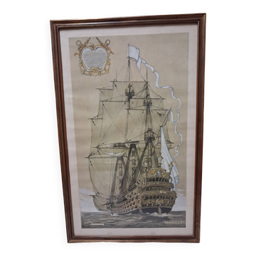 Drawing of an 18th-century ship, enhanced impression with gouache, Durand-Chapron.
