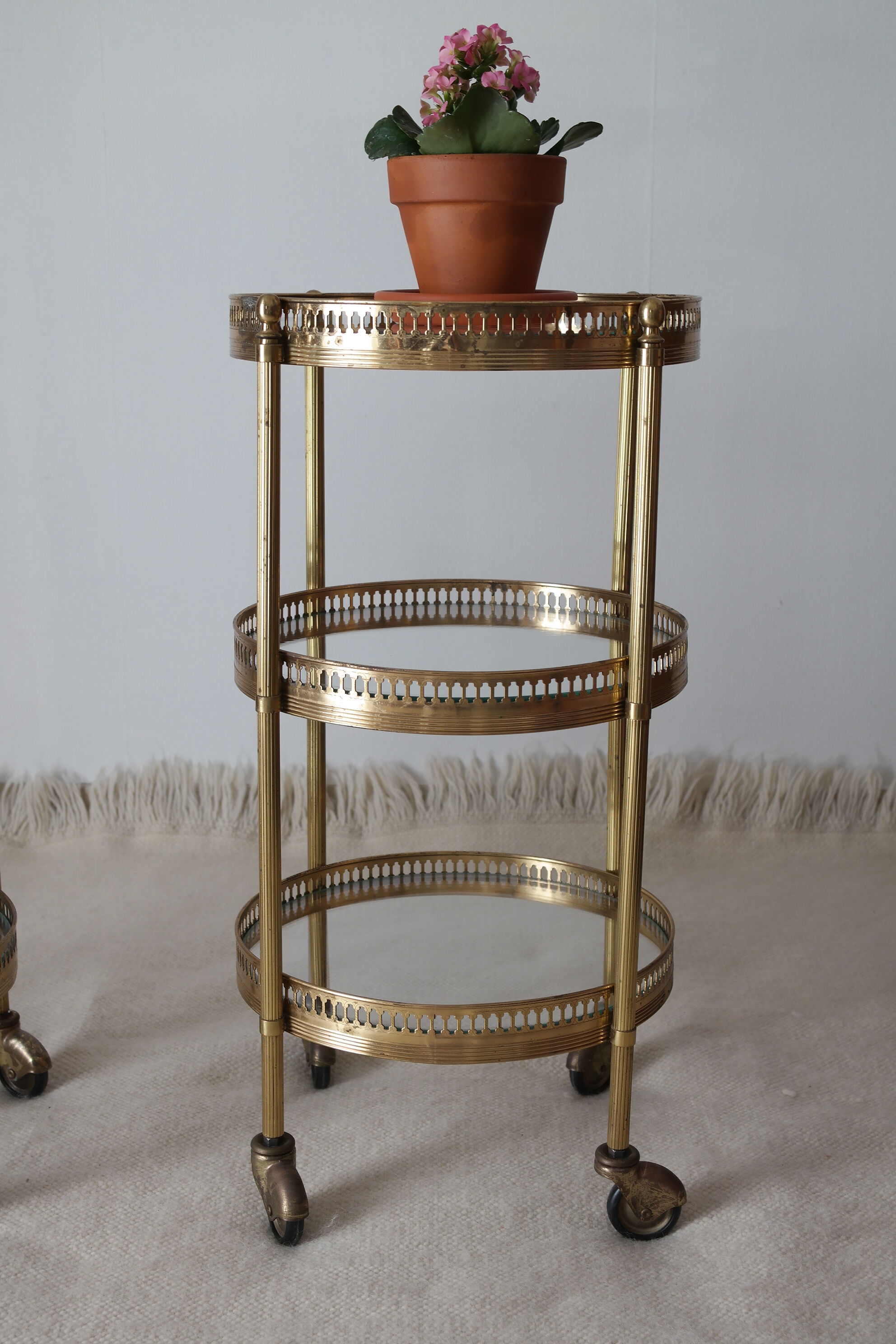 Pair of round old brass glass desserts