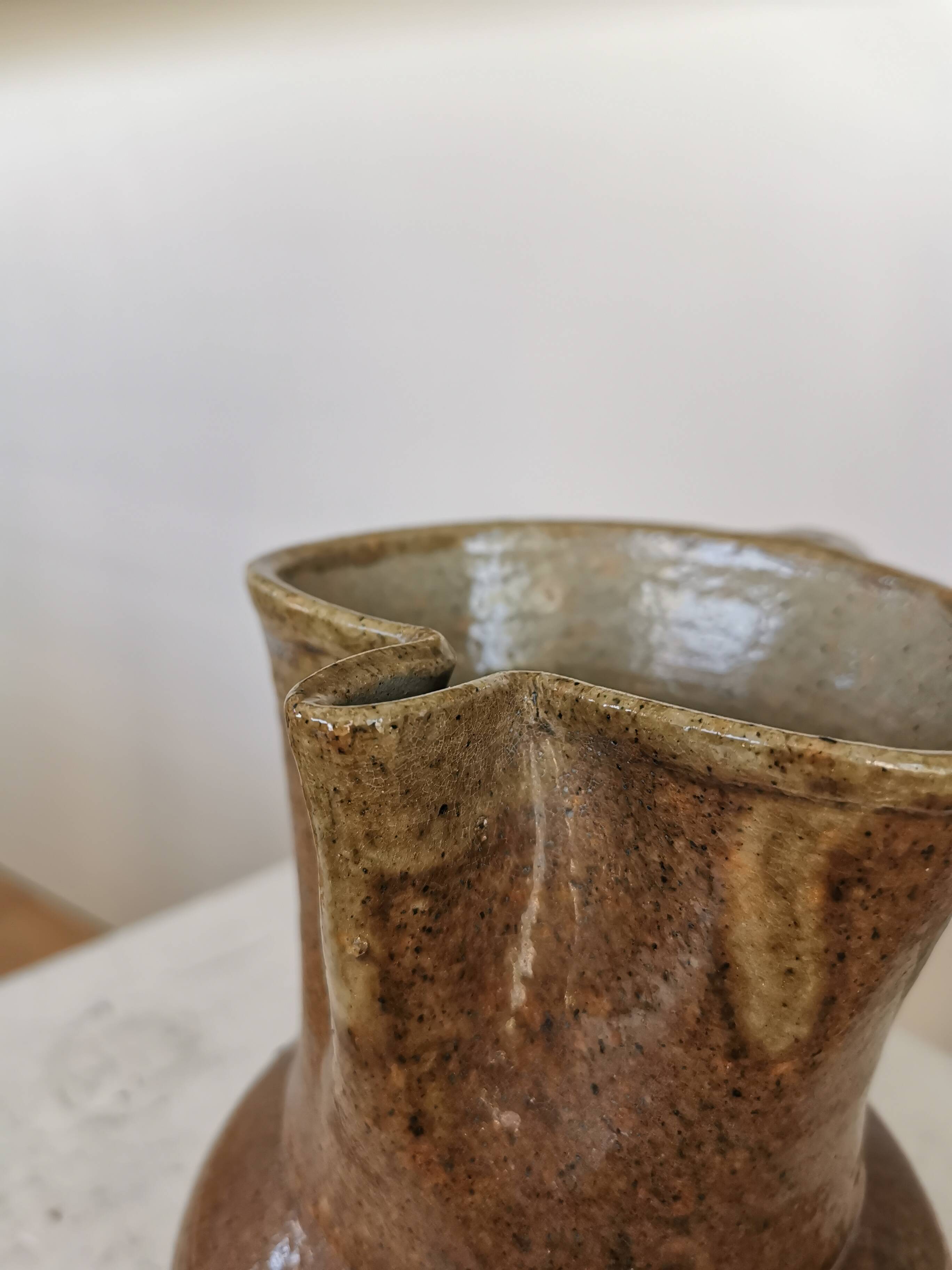 Vintage Studio Pottery Owl Pitcher: Speckled Glaze Stoneware Vase