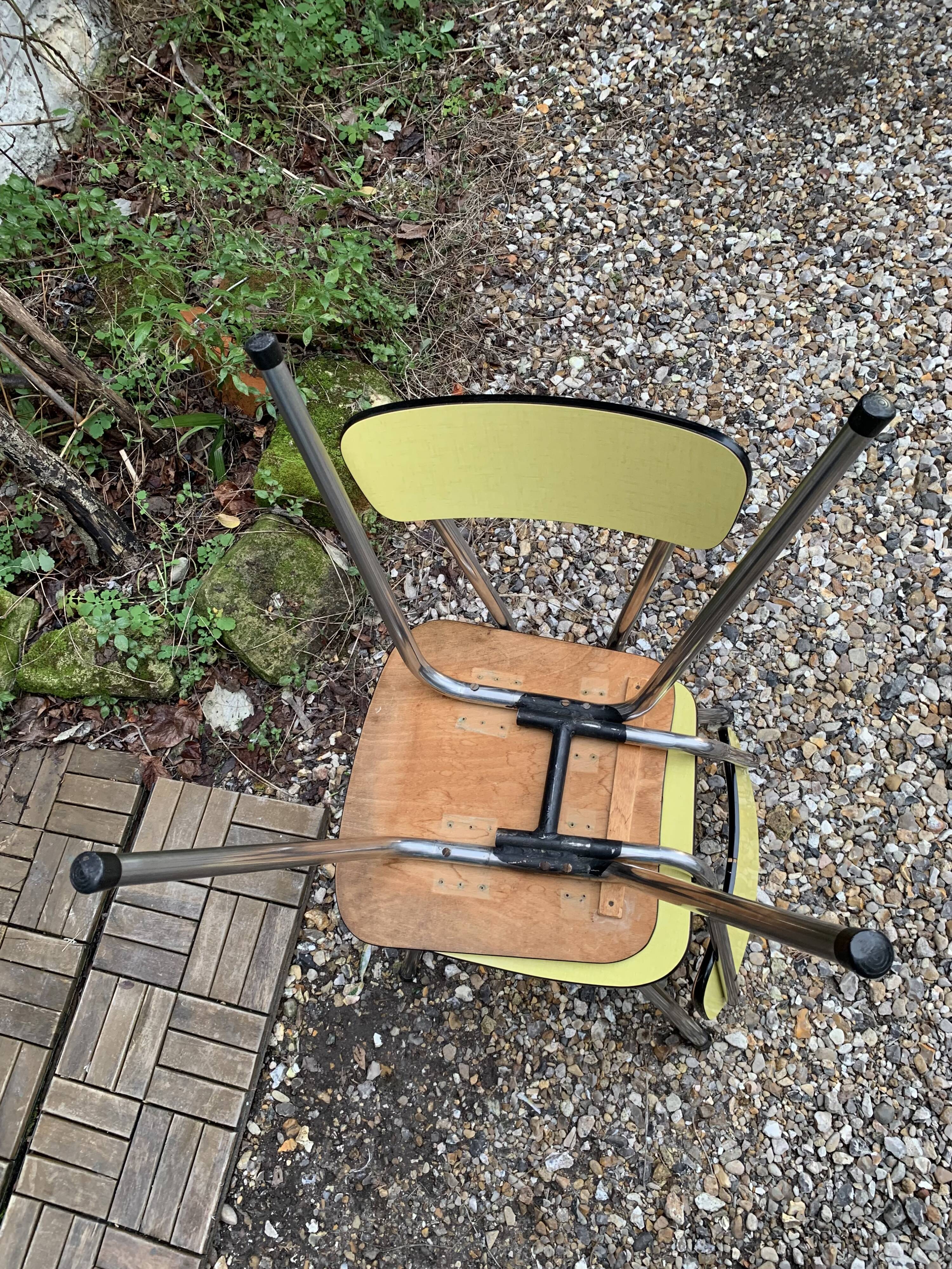 Yellow Formica chairs with compass legs, 1950s