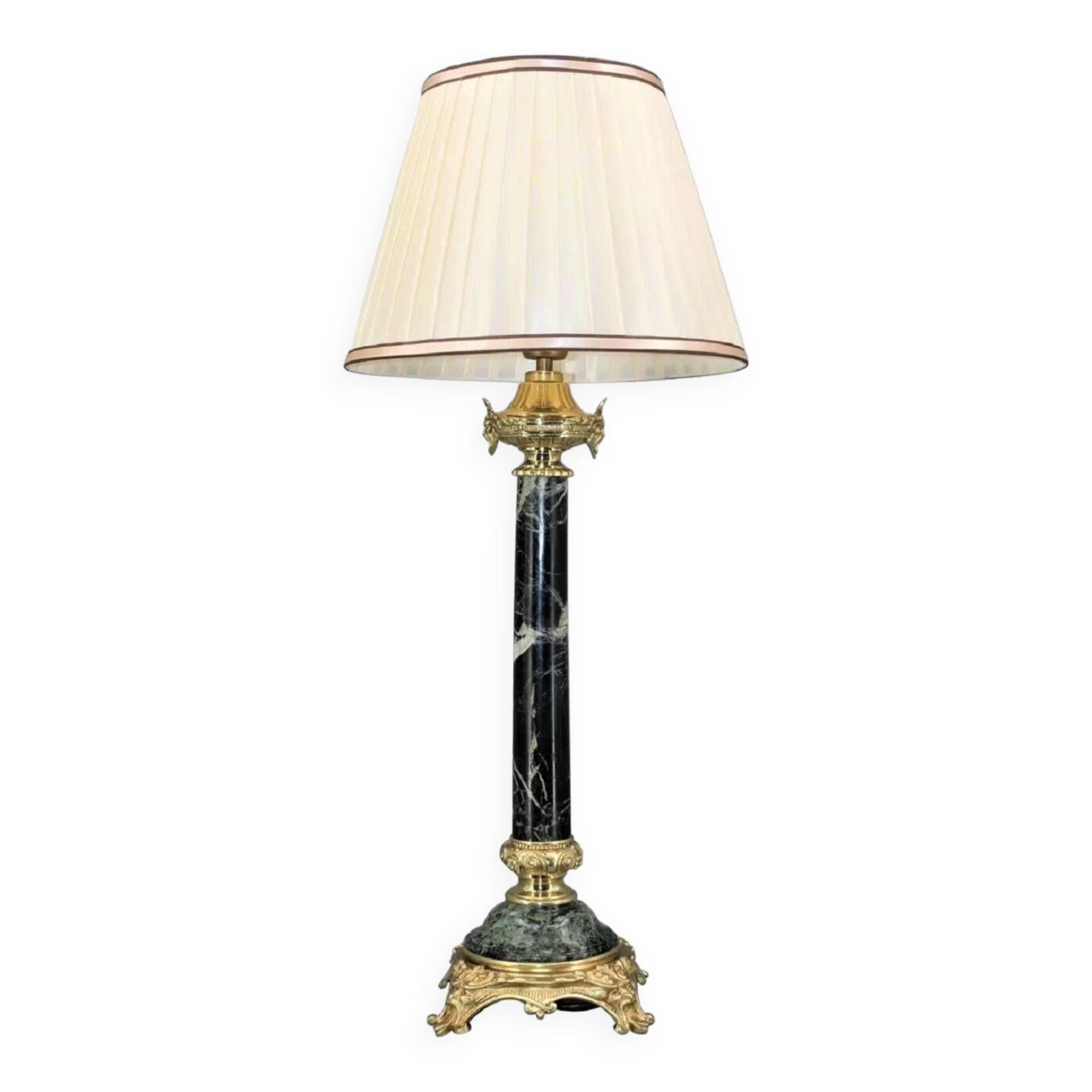 Lamp in gilded bronze & veined water green marble & pleated lampshade