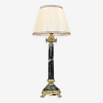 Lamp in gilded bronze & veined water green marble & pleated lampshade