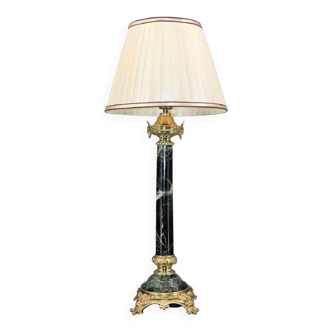 Lamp in gilded bronze & veined water green marble & pleated lampshade