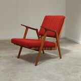 Pair of armchairs in mottled red and wood by Uluv, former Czechoslovakia 1960