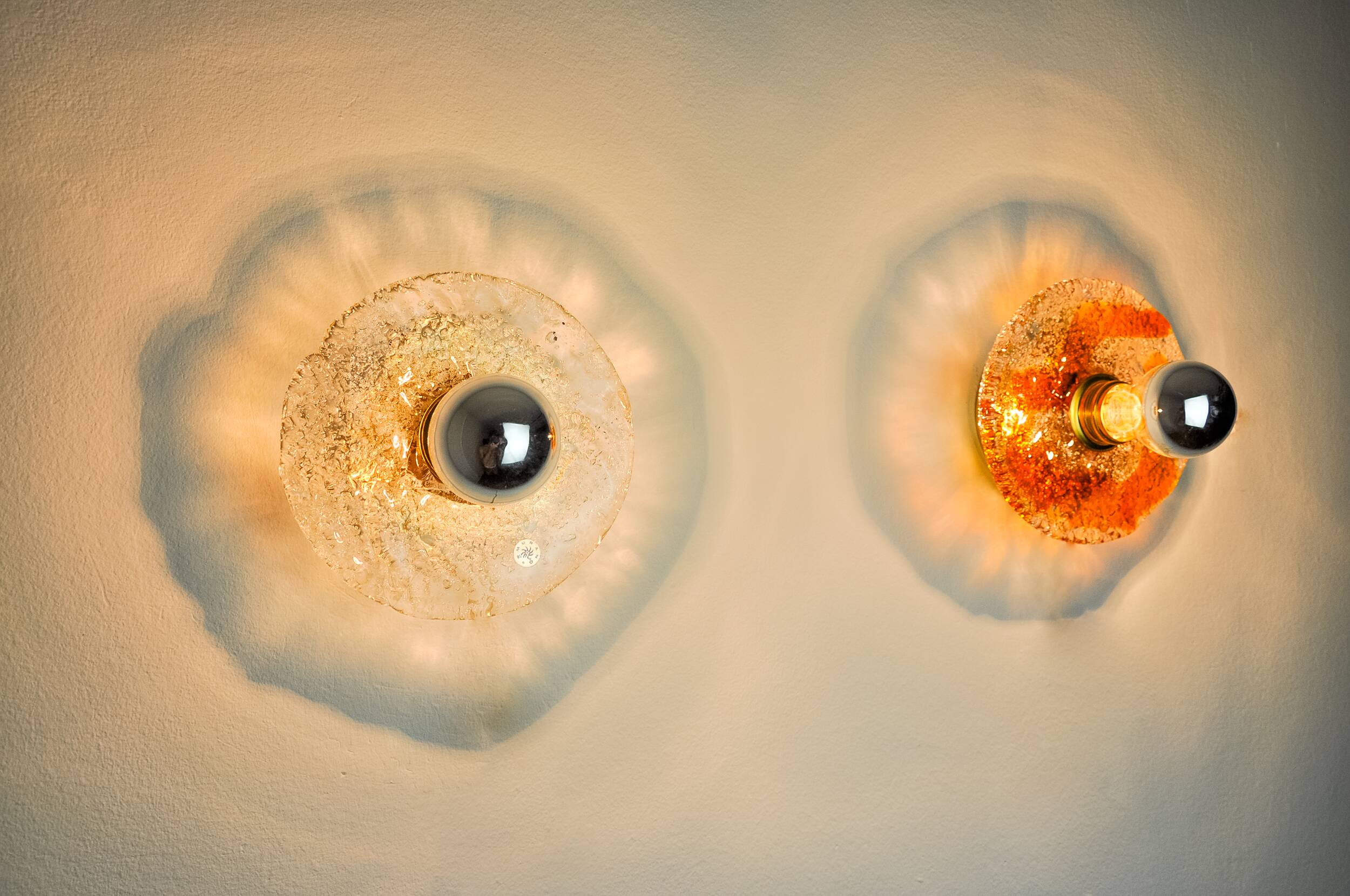Pair of round wall lights by Murano Mazzega in frosted glass, Italy, 1970