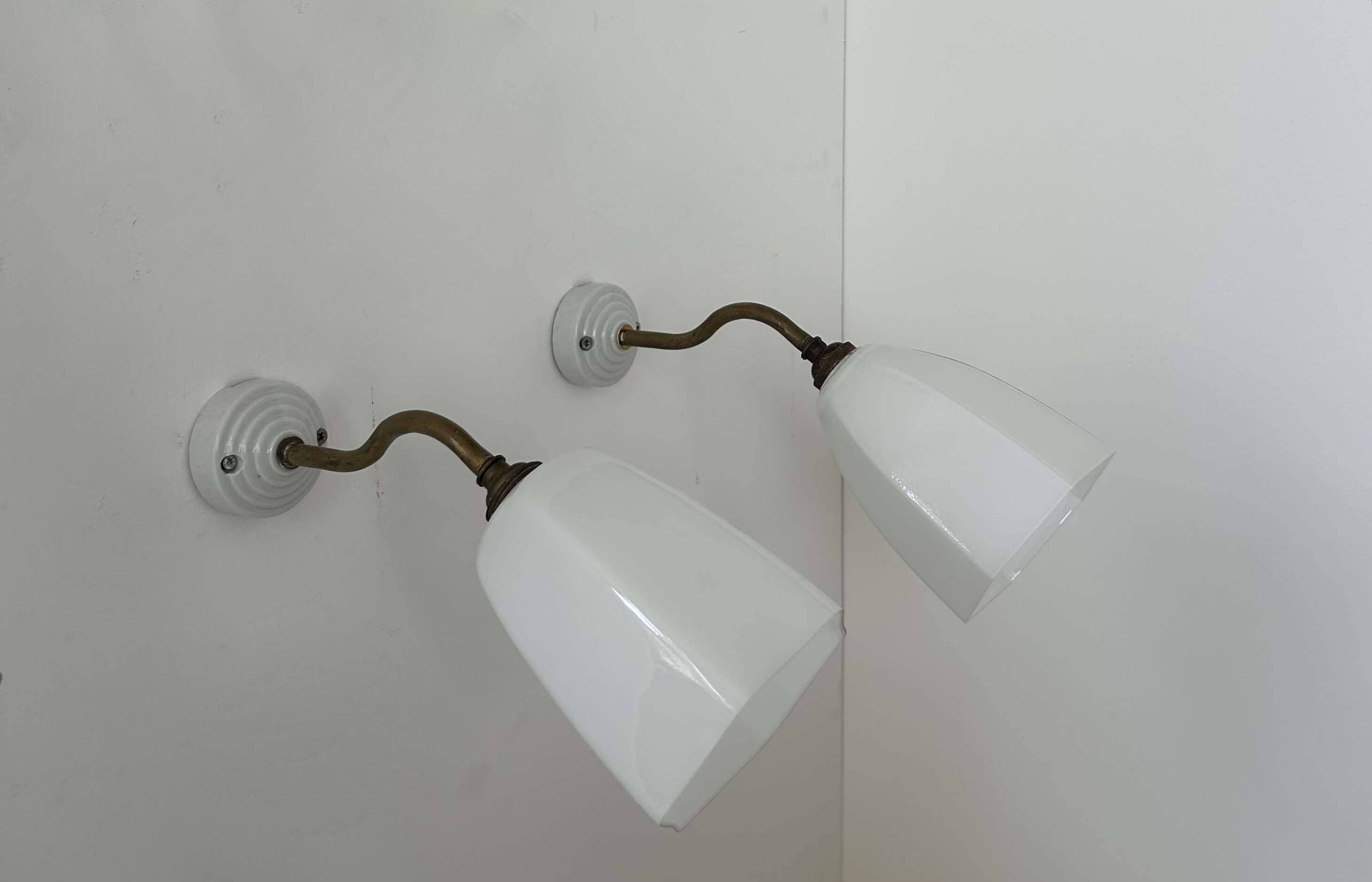 Pair of brass and opaline wall lights, France 1930