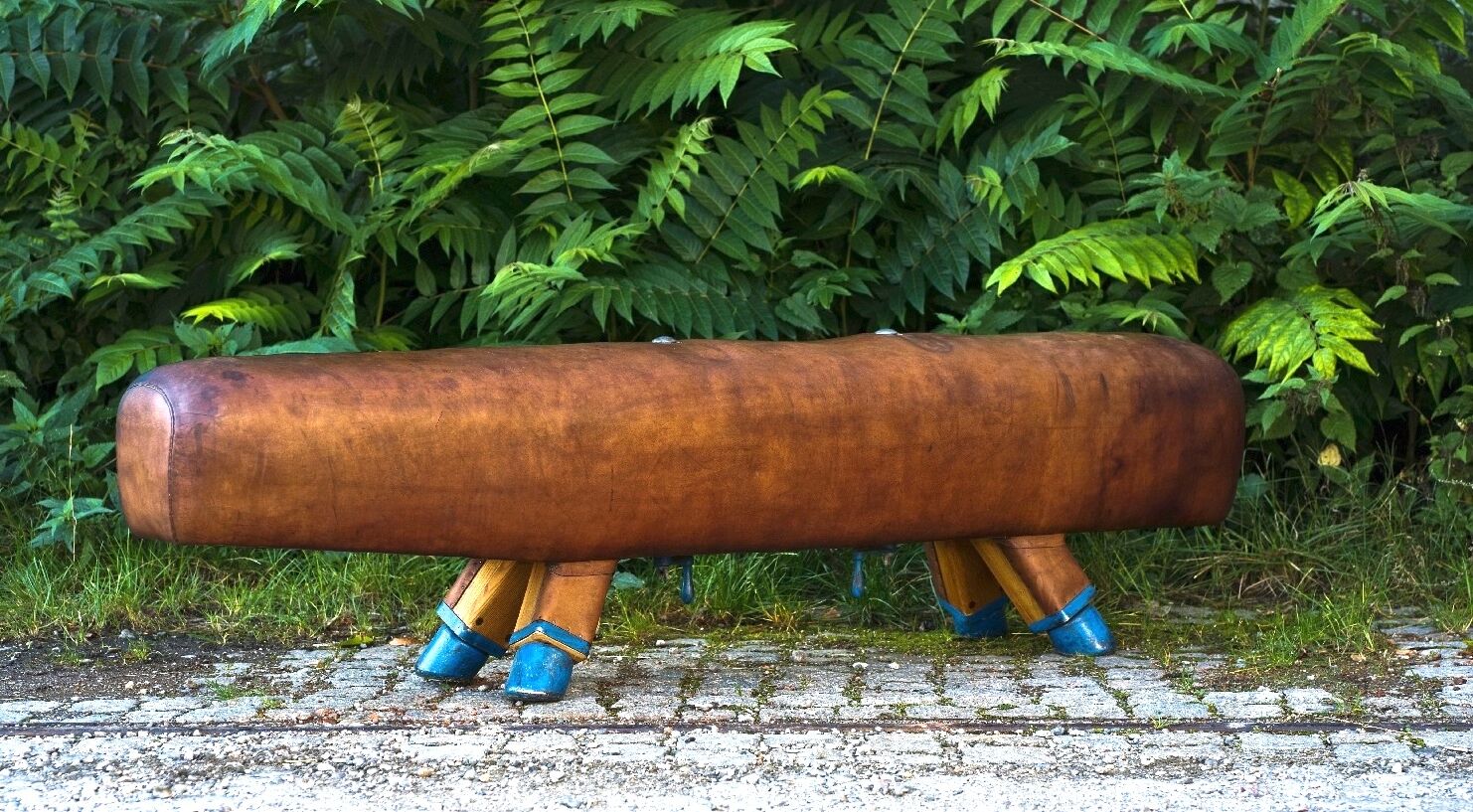 Gymnastic Leather Pommel Horse Bench with Wooden Handles, 1920s