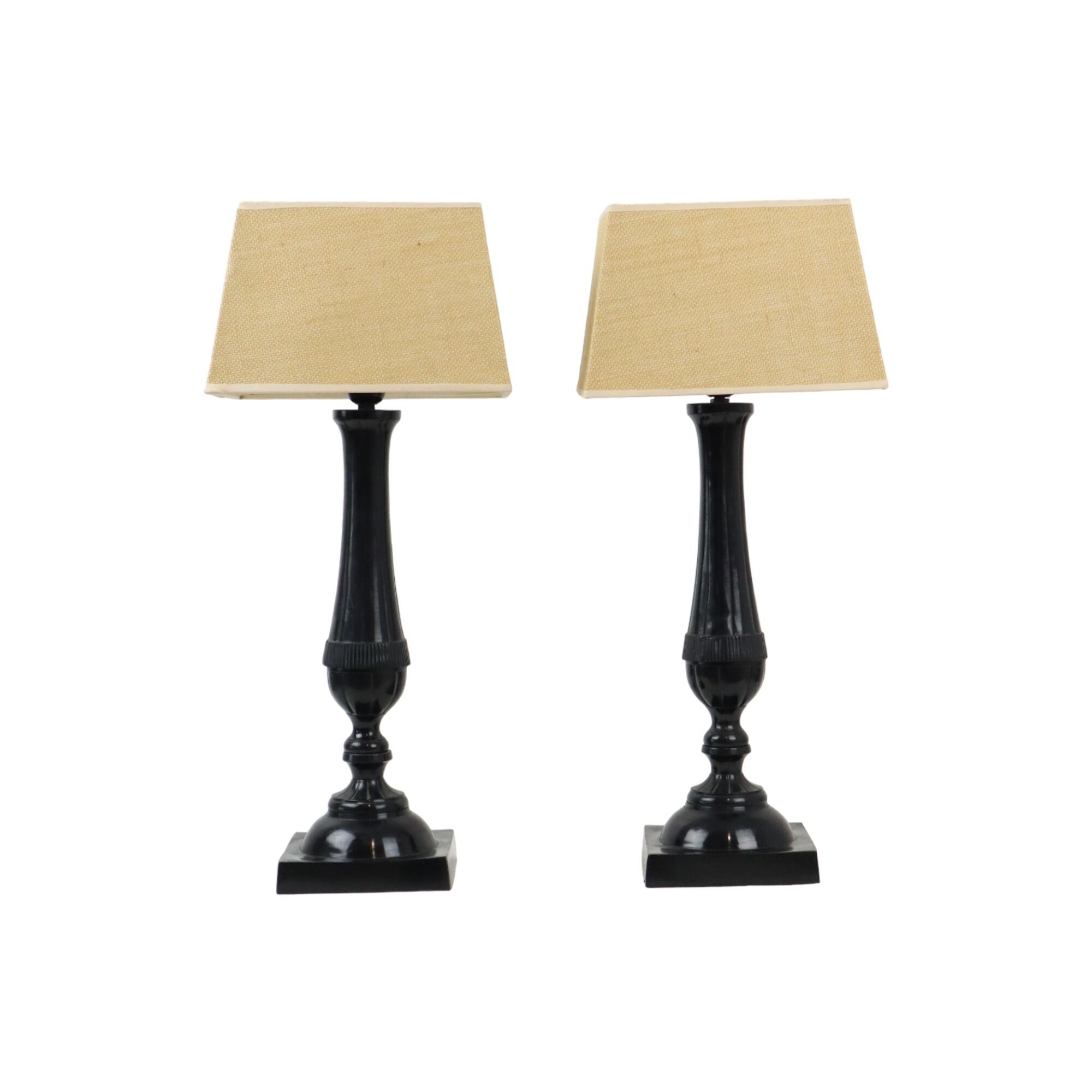 Pair of black metal table lamps lamps fabric shade parex vintage 58cm