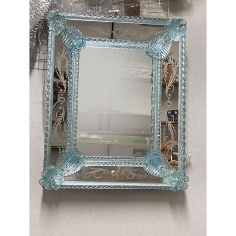 Venetian rectangular light-blue floreal hand-carving mirror in murano glass style