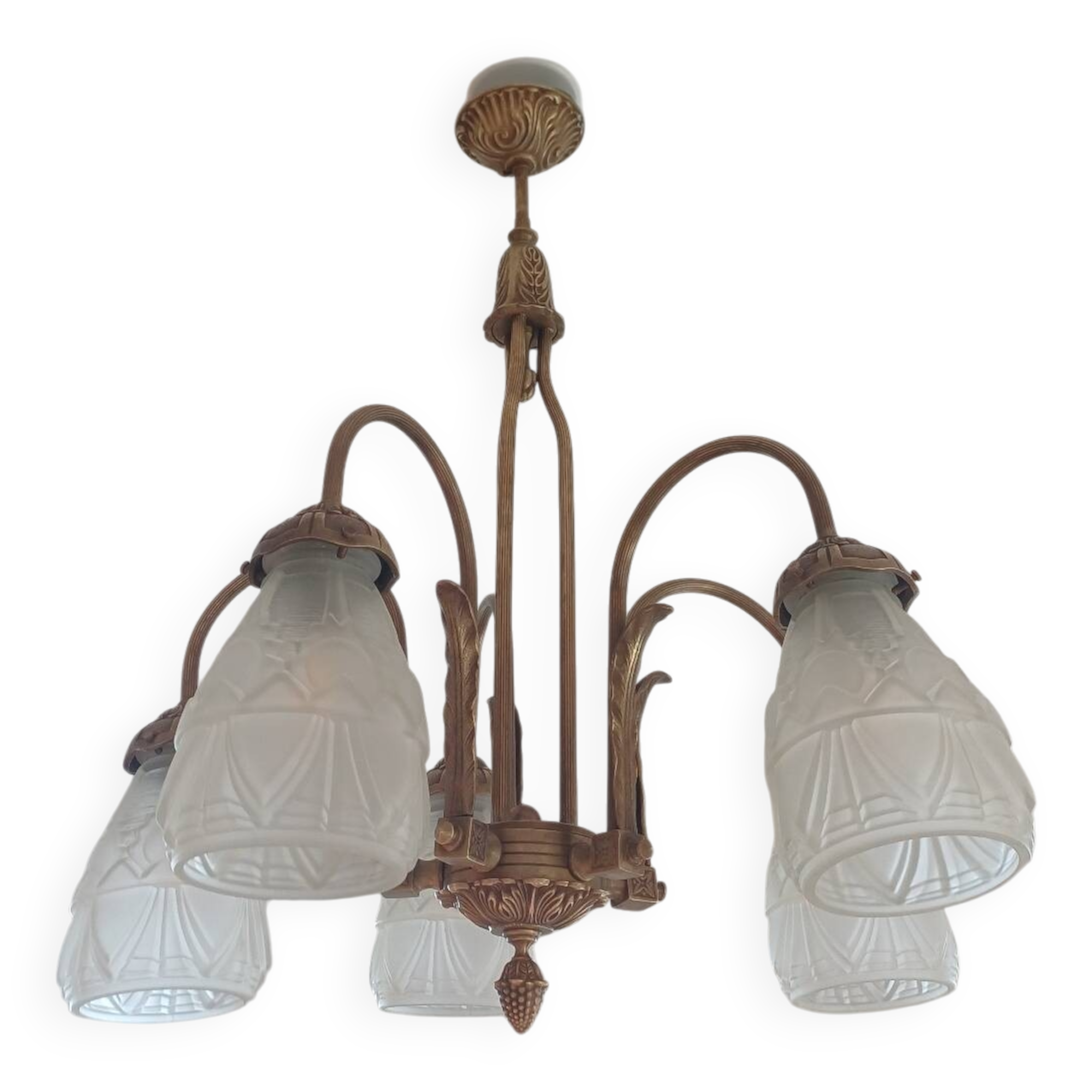 Art deco bronze chandelier with 5 tulips.