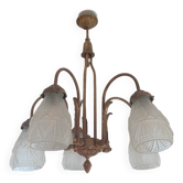 Art Deco bronze chandelier with 5 tulips.
