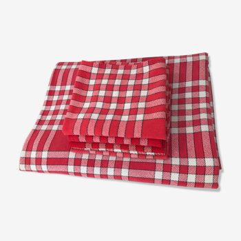 Nappe rectangulaire  et  6 serviettes vintage à carreaux vichy  rouges et blancs