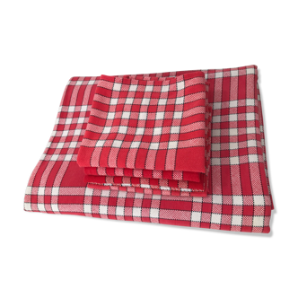 Nappe rectangulaire  et  6 serviettes vintage à carreaux vichy  rouges et blancs