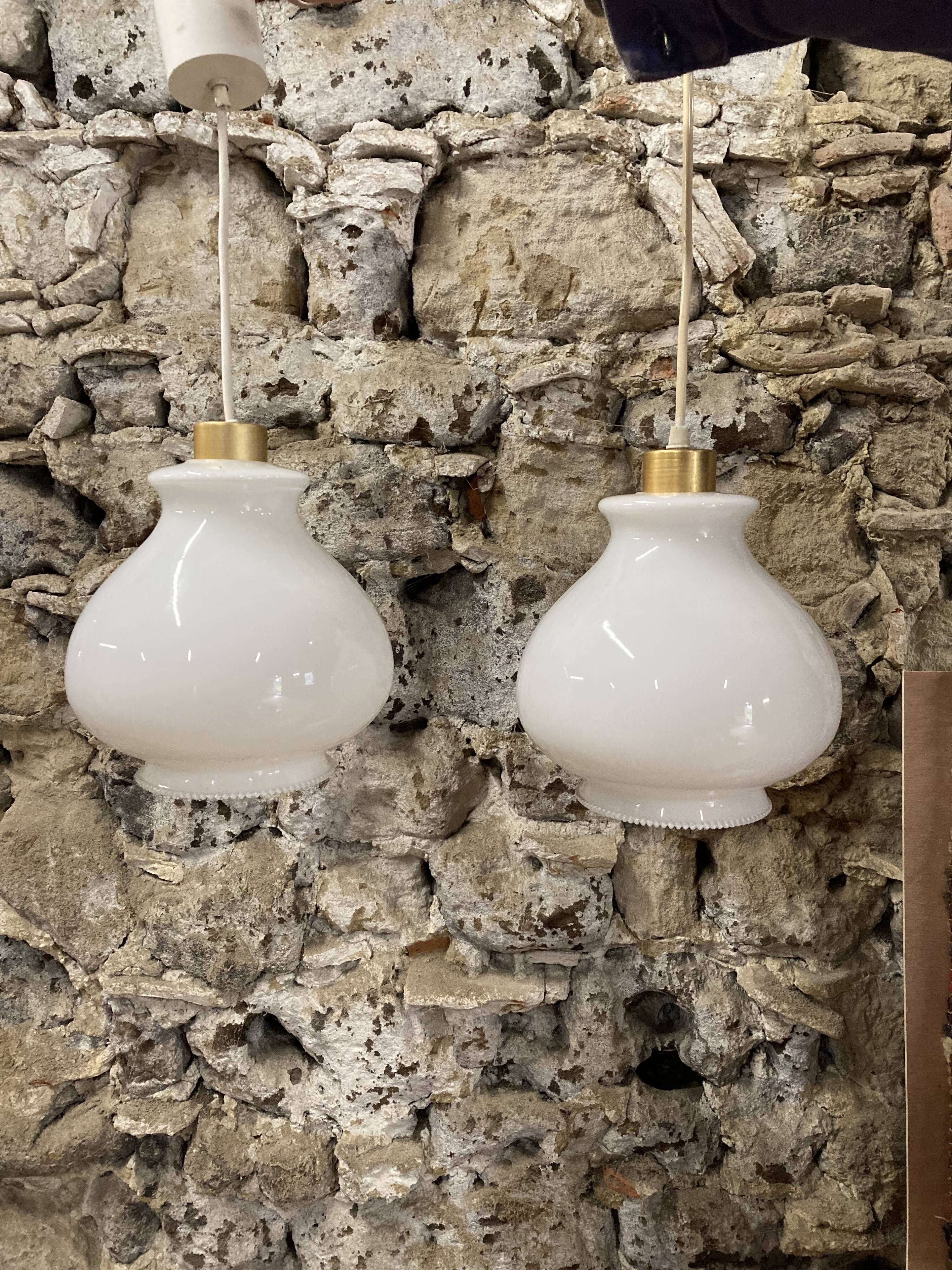 Pair of vintage white glass pendant lamp in the shape of a vintage globe