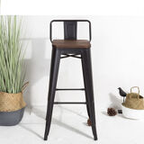 Industrial style bar chair Black metal and dark wood seat with backrest height 66cm