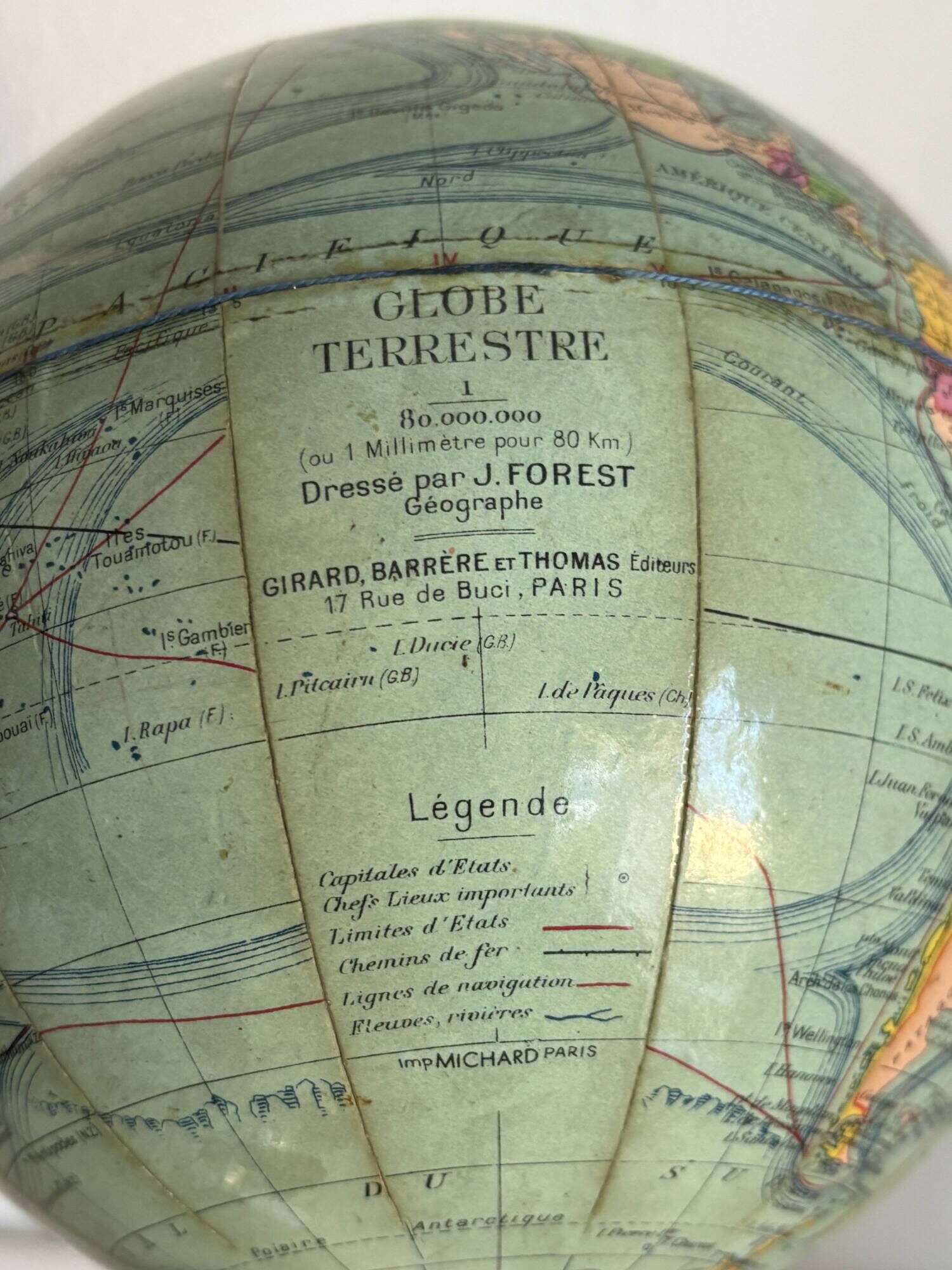 Vintage 1950 terrestrial globe Girard Barrère Forest Thomas - 26 cm