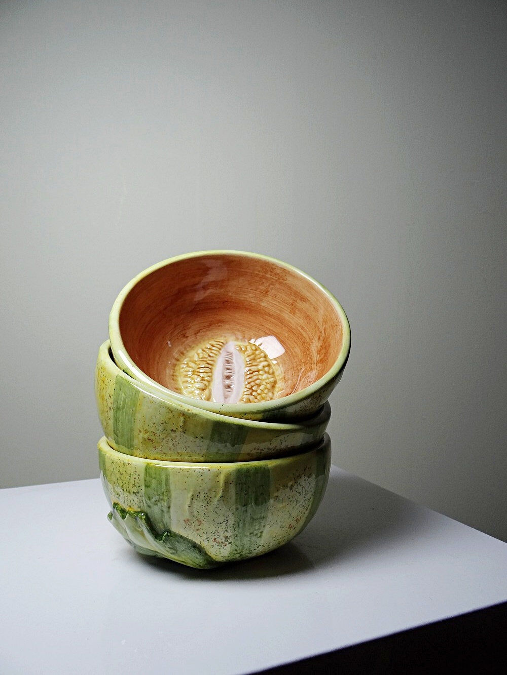 3 earthenware bowls with melon decoration, vintage 1980s.