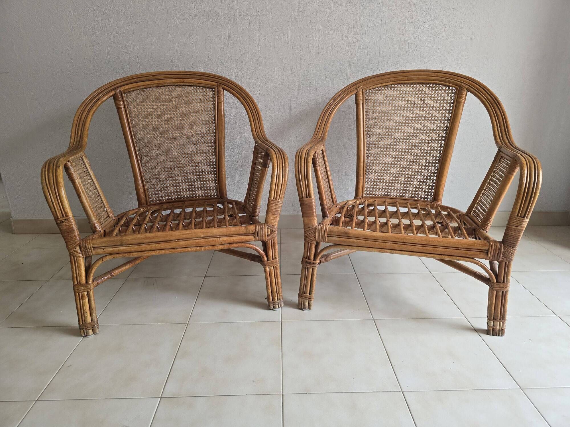 Pair of vintage rattan and cane armchairs – 1960s/70s