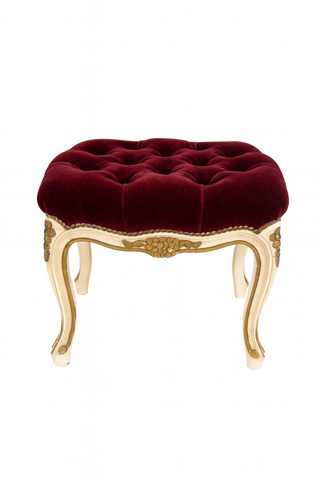 Antique upholstered stool in red velvet and carved wood