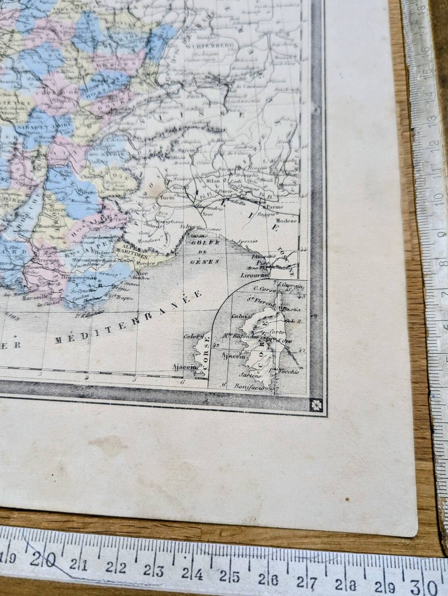 France and departments, old map, printed in 1852. Authentic.