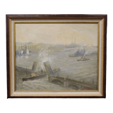 Huile sur toile scène de marine l'entrée au port XX