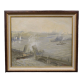 Huile sur toile scène de marine l'entrée au port XX