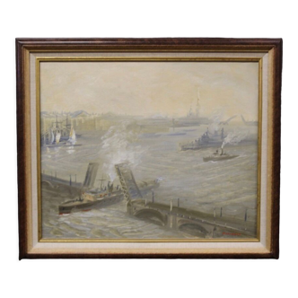 Huile sur toile scène de marine l'entrée au port XX