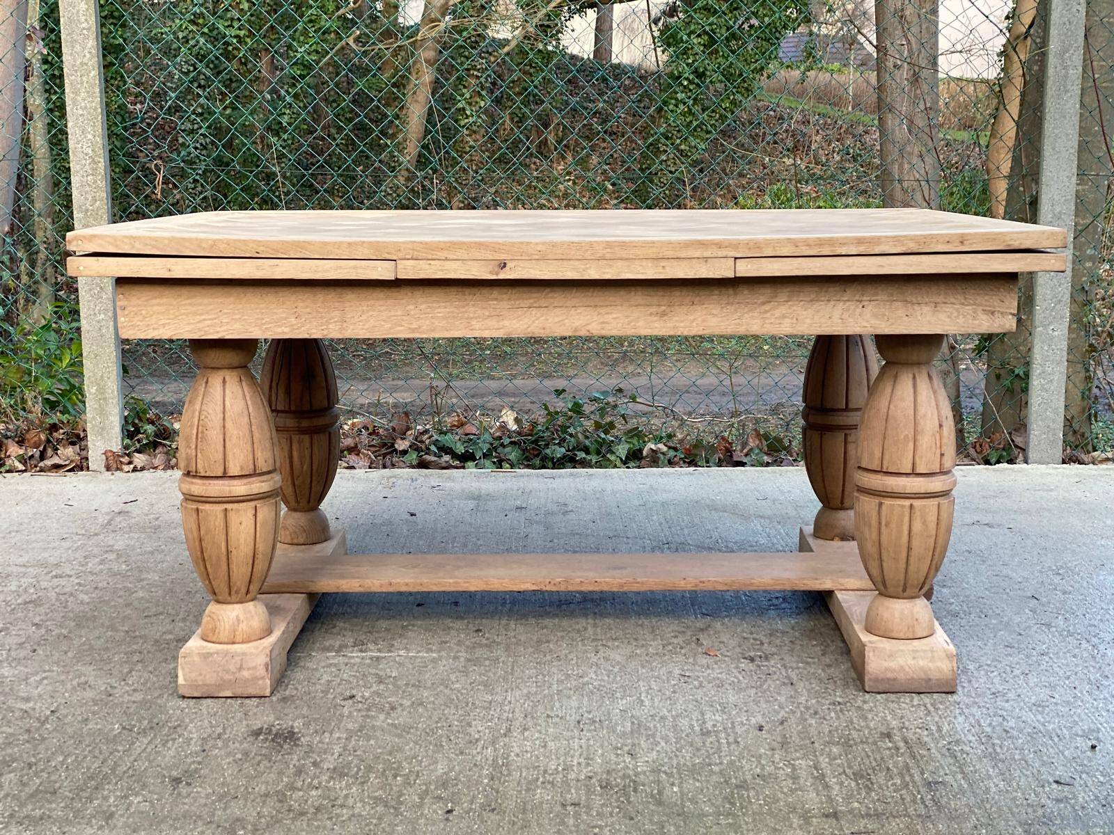Renovated Art Deco monastery table, extendable, in raw oak, 250cm.