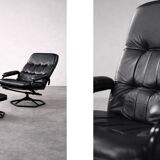 Vintage Mid-Century Danish Modern Black Leather Swivel Chair and Ottoman