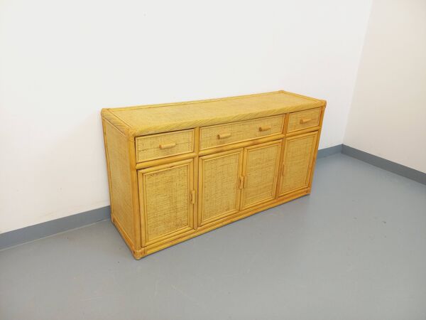 Enfilade meuble de rangement vintage en rotin et rotin tressé des années 70