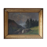 Tableau à l'huile signé avec cadre - Paysage