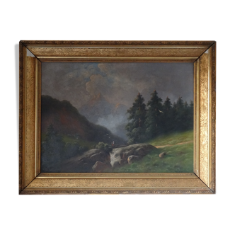 Tableau à l'huile signé avec cadre - Paysage