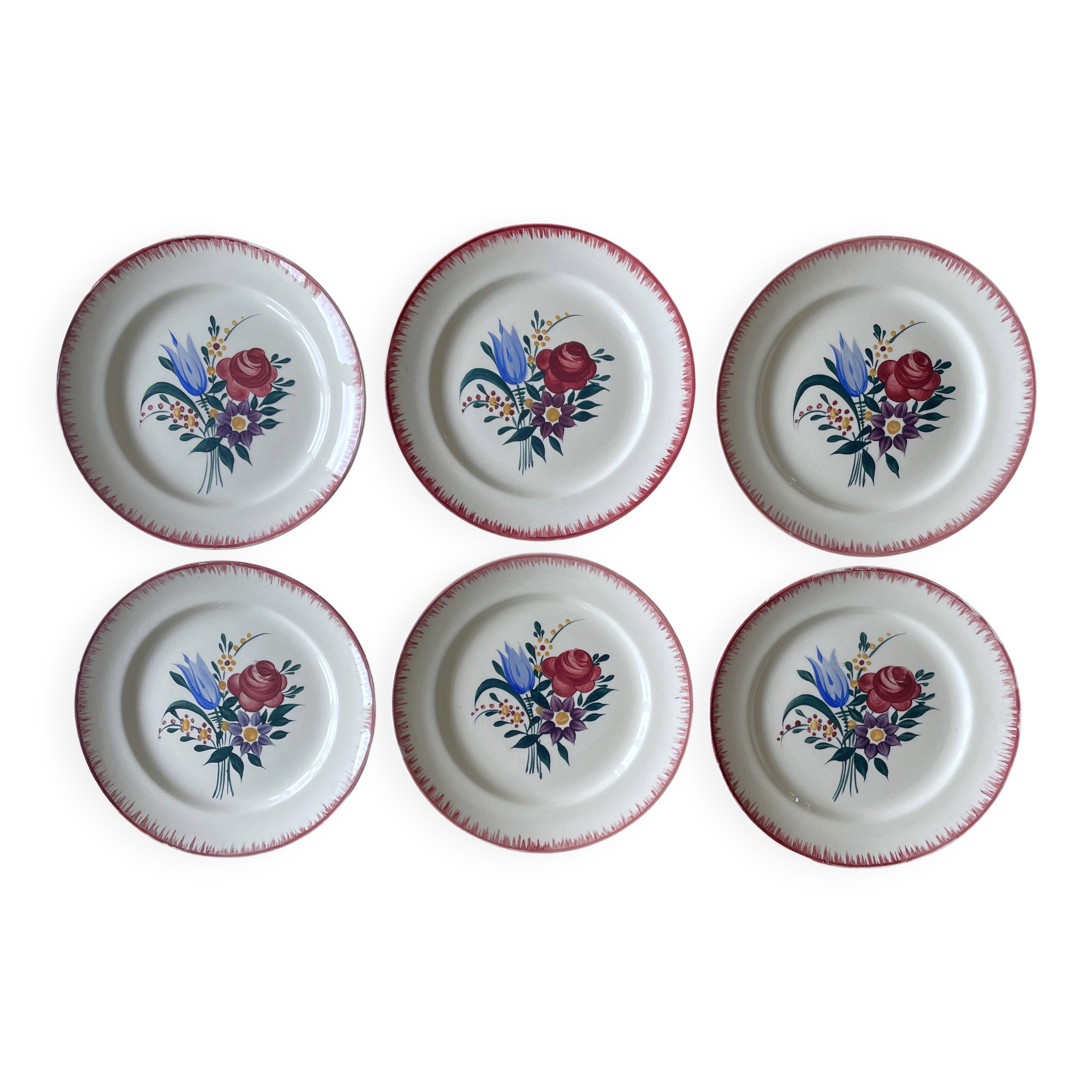 6 large antique flat plates in B.F.K. earthenware.