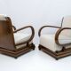 Pair of Art Dèco Italian Walnut and Velvet Armchairs and Two Ottomans, 1920