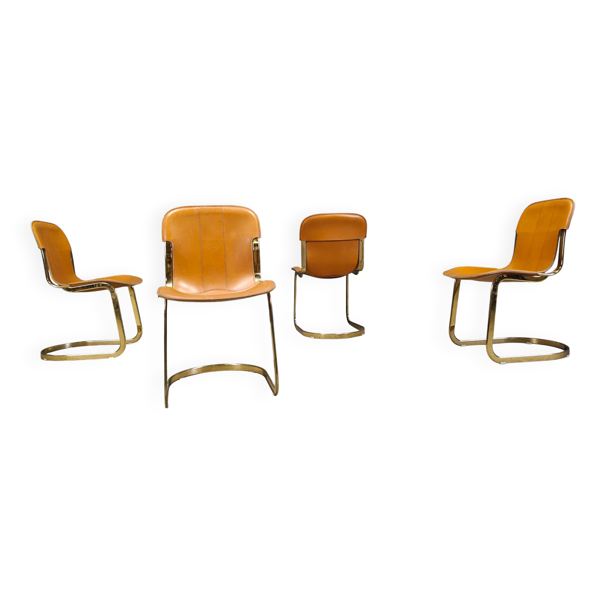 Vintage brass and cognac leather dining chairs by Willy Rizzo for Cidue set of 4