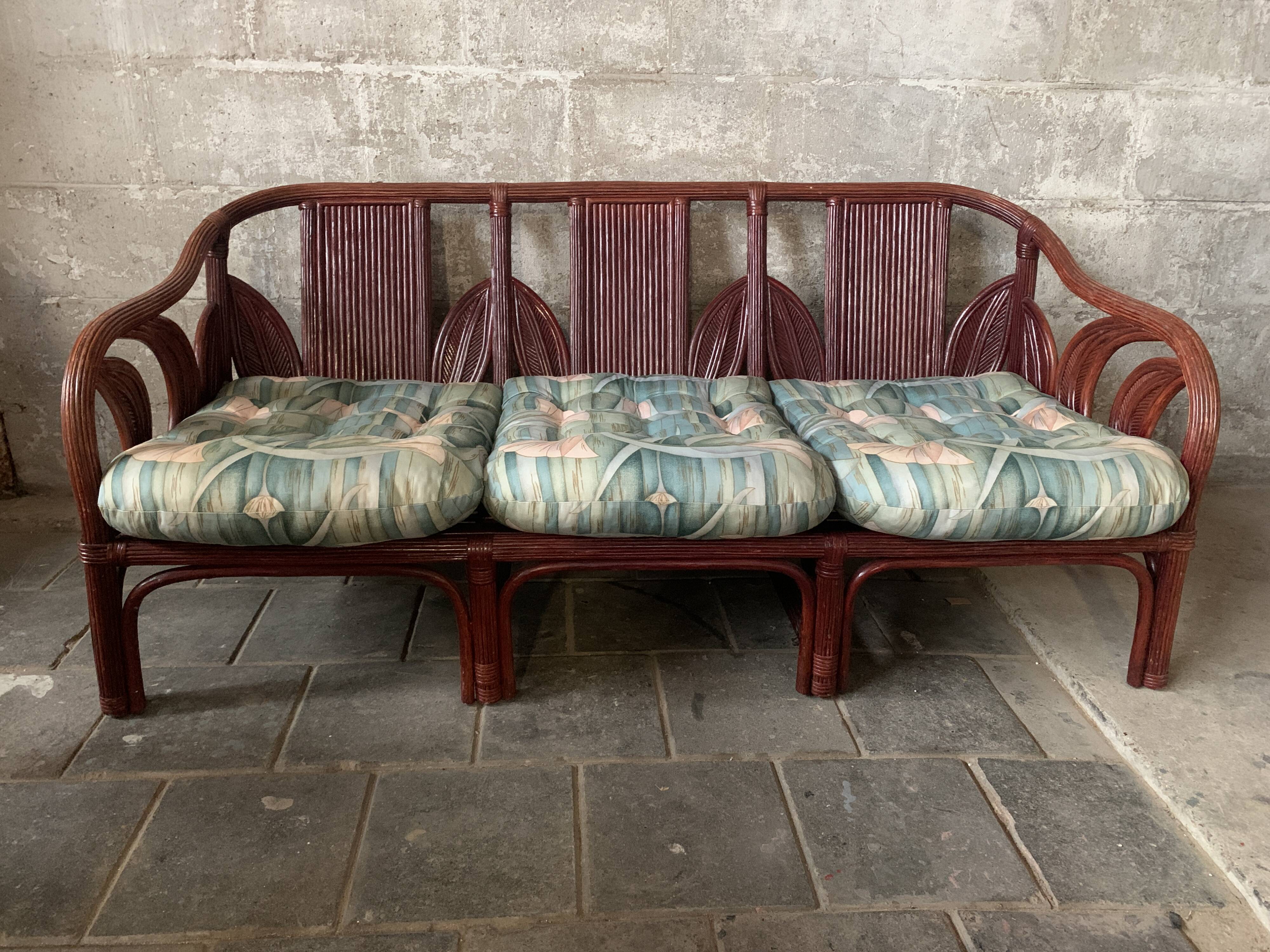 Pencil reed rattan bamboo coastal palm leaf bench sofa, Vivai del Sud 1970s