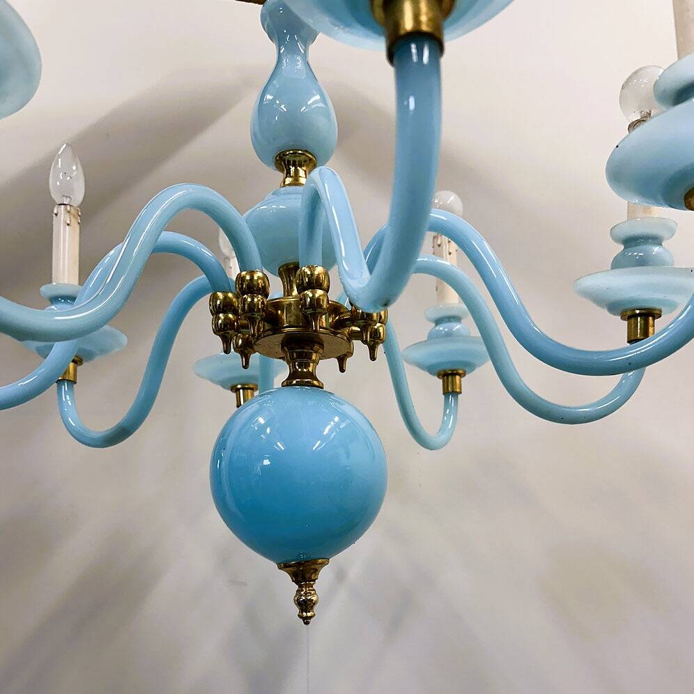 Statement French blue opaline glass chandelier with brass accents, 1960s