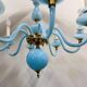 Statement French blue opaline glass chandelier with brass accents, 1960s