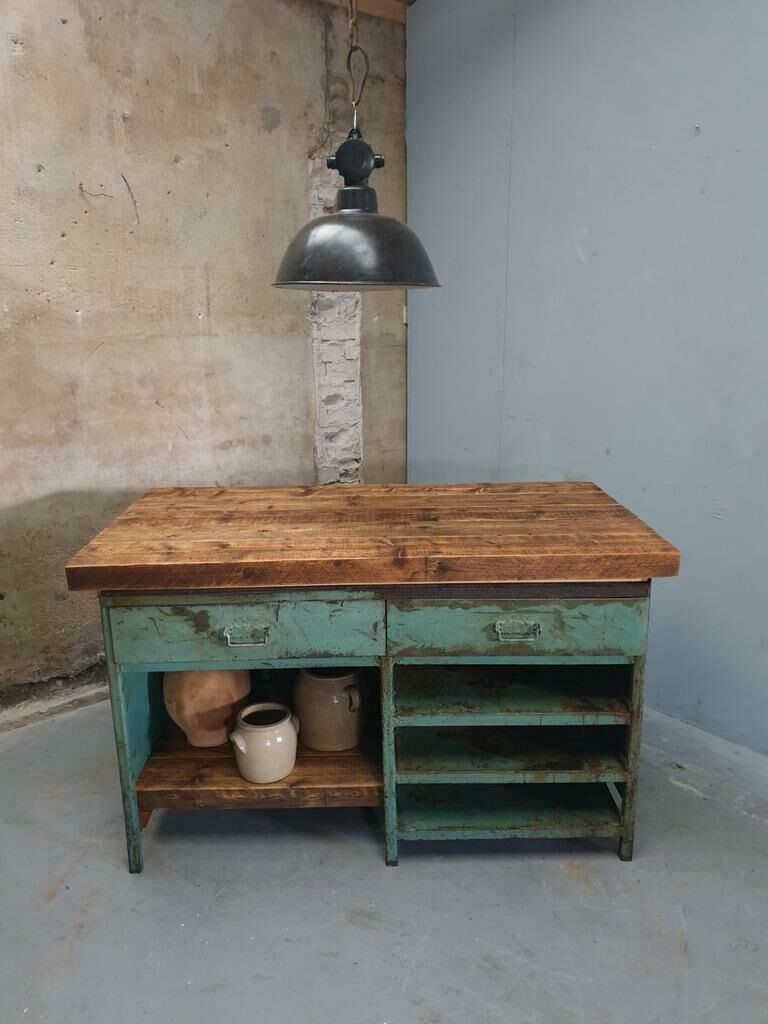 Industrial workbench kitchen island sideboard sea green with drawers