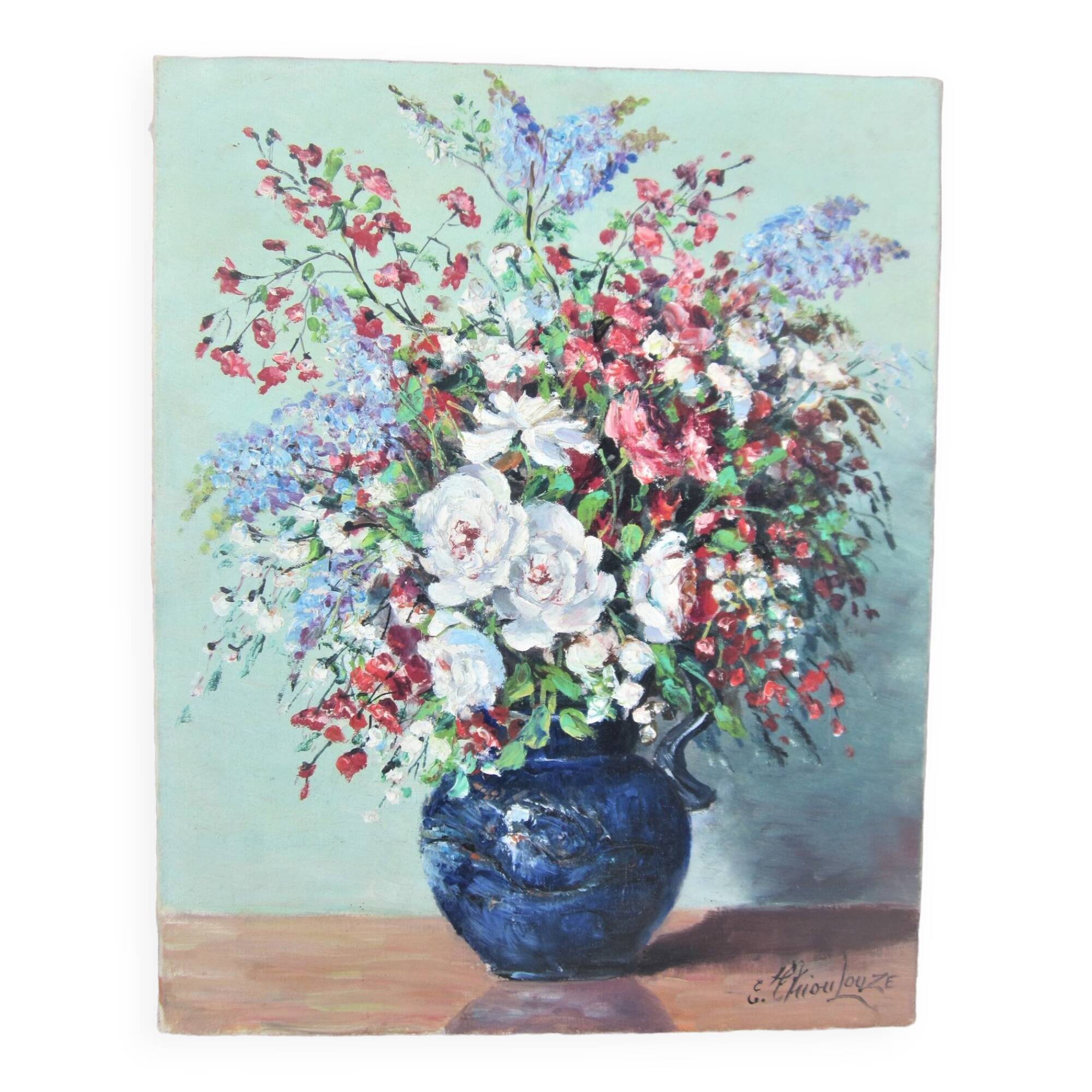 XXth painting E. Thioulouze flowers in a vase