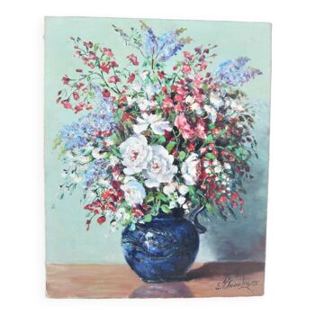 Tableau XXème peinture E. Thioulouze fleurs dans un vase