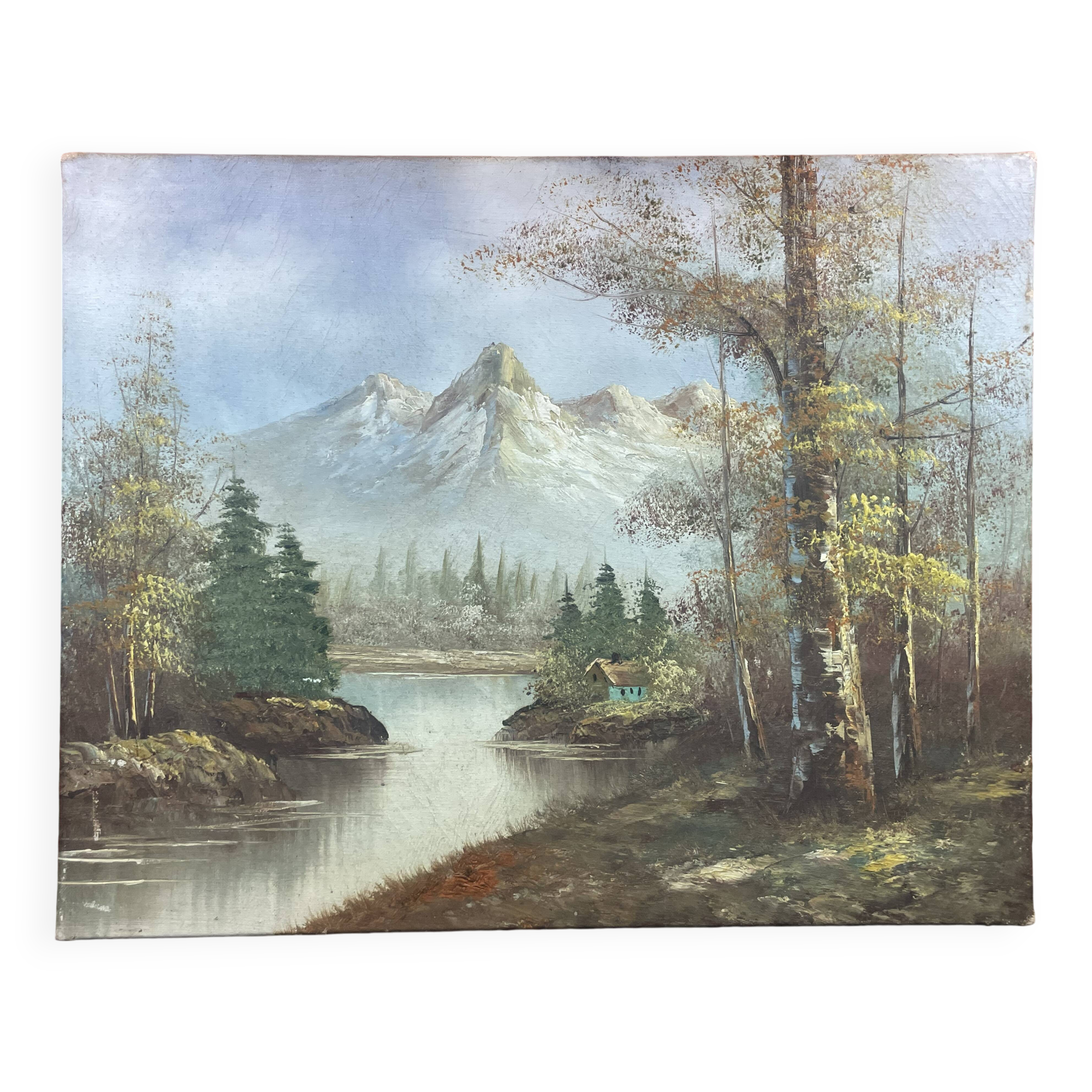 Oil on canvas, Refuge in the valley, lake landscape mountain lake