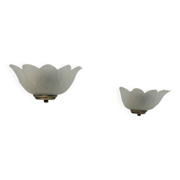Pair of vintage brass and sandblasted glass wall lights, France, 1970